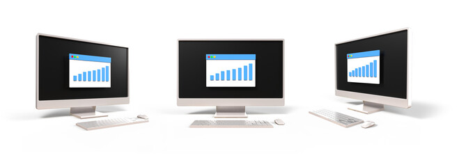 3D computer setup, keyboard, mouse with monitor screen graphic bar, financial, annual report, profitable