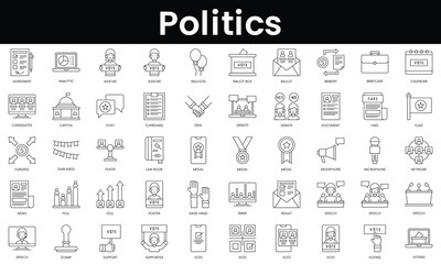 Set of outline politics icons. Minimalist thin linear web icon set. vector illustration.