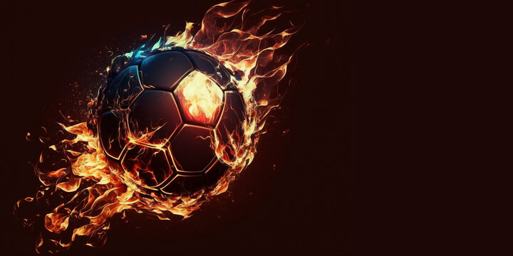 Fire Soccer Ball on a dark background, generative ai