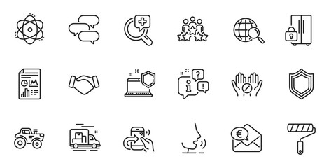 Outline set of Business meeting, Report document and Medical analyzes line icons for web application. Talk, information, delivery truck outline icon. Vector