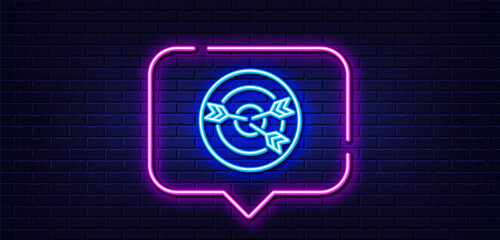 Neon light speech bubble. Target line icon. Marketing targeting strategy symbol. Aim with arrows sign. Neon light background. Targeting glow line. Brick wall banner. Vector