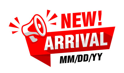 New arrival product tag on red ribbon with megaphone. Advertising vector sticker on transparent background