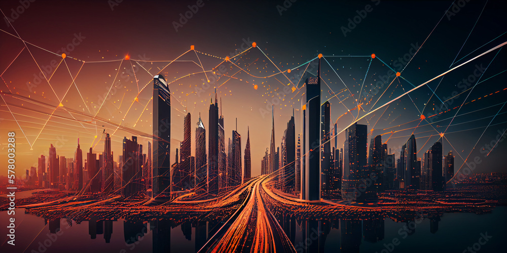 Wall mural Wireless Communication on modern cityscape background. AI Generated