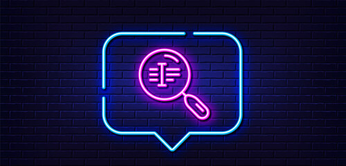 Neon light speech bubble. Search text line icon. Find word sign. Neon light background. Search text glow line. Brick wall banner. Vector