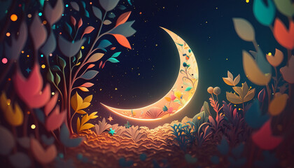 Crescent moon islamic colorful background for ramadan greetings - obrazy, fototapety, plakaty