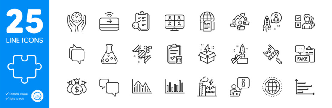 Outline icons set. Creative idea, Teamwork chart and Globe icons. Safe time, Messenger, Electricity factory web elements. Innovation, Speech bubble, Internet documents signs. Puzzle. Vector