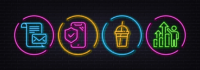 Phone insurance, Mail letter and Coffee cocktail minimal line icons. Neon laser 3d lights. Employee results icons. For web, application, printing. Full coverage, Read e-mail, Milkshake. Chart. Vector