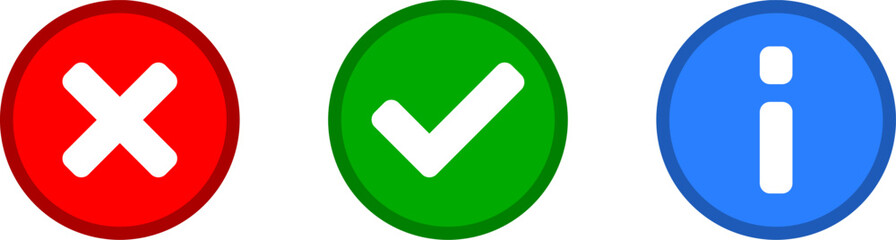 Green Yes or OK and Red No or Declined and Blue Info or Information Icon Set with Check Mark X Cross and i Letter Symbols in Circles. Vector Image.