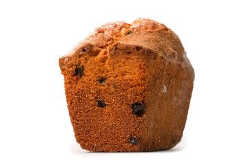 A cupcake with raisins isoalted on a white background.