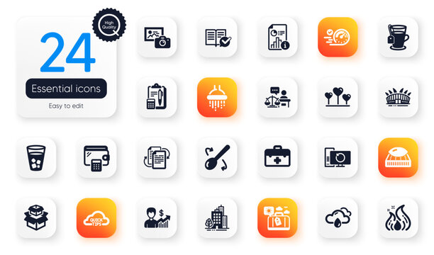 Set of Business flat icons. Recovery computer, Speedometer and Arena stadium elements for web application. Tea, Bureaucracy, Rainy weather icons. Shower, First aid, Court judge elements. Vector