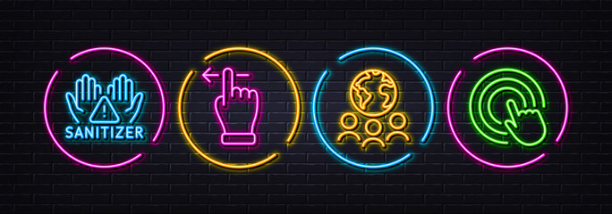 Global business, Touchscreen gesture and Clean hands minimal line icons. Neon laser 3d lights. Click hand icons. For web, application, printing. Outsourcing, Slide left, Hygiene care. Vector