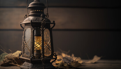 Old lantern on the wooden table islamic background
