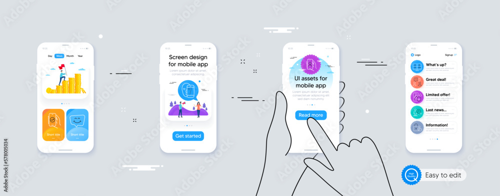 Poster set of face biometrics, smile chat and financial app line icons. phone ui interface. include lock, t