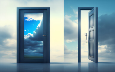 View through the open door onto blue sky.Generative Al Illustration.