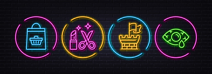Online buying, Shield and Beauty minimal line icons. Neon laser 3d lights. Ð¡onjunctivitis eye icons. For web, application, printing. Shopping cart, Safe secure, Haircut and makeup salon. Vector