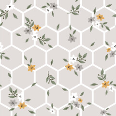 Honeycomb seamless pattern with doodle flowers. Design for textile, decoration, cards, paper goods, background, wallpaper, fabric and more. Vector illustration