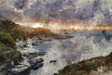 Digital watercolour painting of Dramatic landscape sunrise image at Prussia Cove in Cornwall England with atmospheric sky and ocean