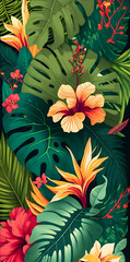 Jungle floral set pattern illustration, flat colorful design, trendy leaves, Generative AI