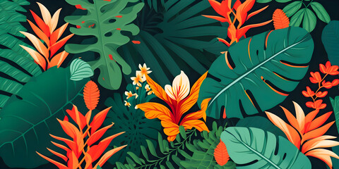 Fototapeta na wymiar Jungle floral set pattern illustration, flat colorful design, trendy leaves, Generative AI