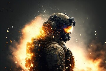 A soldier runs against the background of explosions. illustration, Call of Duty