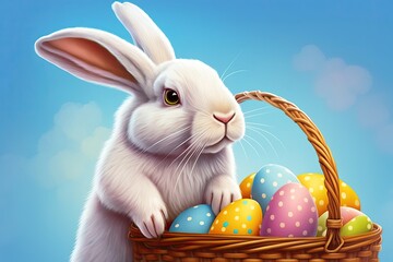 Easter bunny holding a basket of eggs with a pastel-colored background in a cartoon style