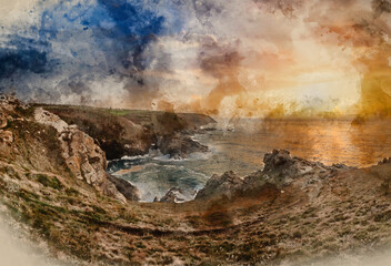 Digital watercolour painting of Stunning sunset landscape image of Cornwall cliff coastline with tin mines in background viewed from Pendeen Lighthouse headland