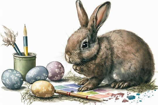 An illustration of a bunny rabbit painting Easter eggs with a brush and watercolors in a hand-drawn style - Generative ai