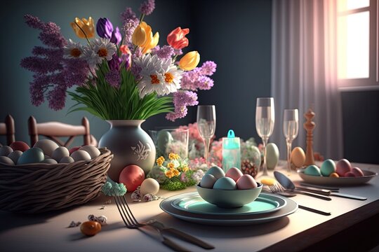 Realistic 3D rendering of a decorated Easter table with flowers, candles and painted eggs - Generative ai