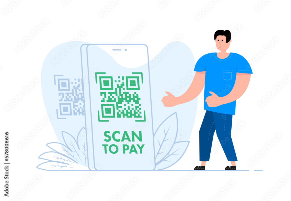 Aufkleber a man stands near the smartphone, on the screen qr code and text scan to pay. qr code payment