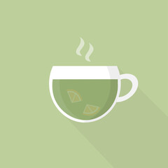 green tea with lemon and steam over a cup on a green background, simplified vector illustration in flat and vintage style