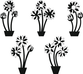 A set of black silhouettes of flowers in pots.