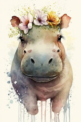 Jeune hippopotame et sa couronne de fleur, façon aquarelle, matérialisé par IA