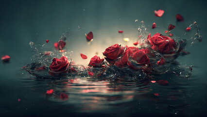 Beautiful red roses splashing into water surrounded with rose petals. AI generative