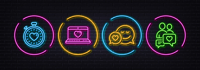 Web love, Heartbeat timer and Dating minimal line icons. Neon laser 3d lights. Dating chat icons. For web, application, printing. Social network, Love stopwatch. Neon lights buttons. Vector