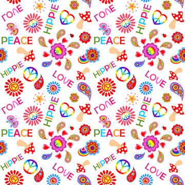 Colorful childish seamless print with flower-power, hippie peace symbols, paisley, butterfly, mushroom and love, peace, hippie words on white background