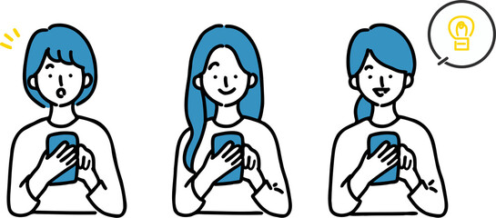 3人のスマホを操作する女性のイラストセット