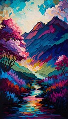 Obraz na płótnie Canvas Watercolor Vibrant Nature Landscape. Generative AI. 