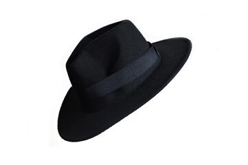 natural black felt hat wide-brimmed hat isolated on white background