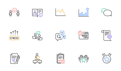 Approved agreement, Technical documentation and Technical algorithm line icons for website, printing. Collection of Teamwork, Messenger, Quick tips icons. Inspect, Stress grows. Vector