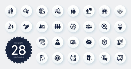 Set of People icons, such as Online education, Search employees and Smile chat flat icons. Yummy smile, Group, Leadership web elements. Difficult stress, Bitcoin project, Wash hands signs. Vector