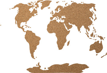 World map cork wood texture cut out on transparent background.