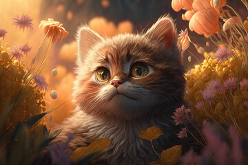 Cute kitty portrait on a blooming background and natural light. High detailed illustration generated by AI. 