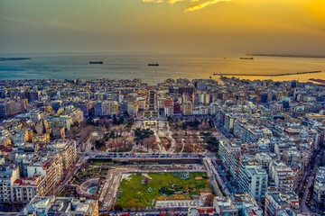 Aerial view of famous Aristotelous Square in Thessaloniki city at twilight, Greece.