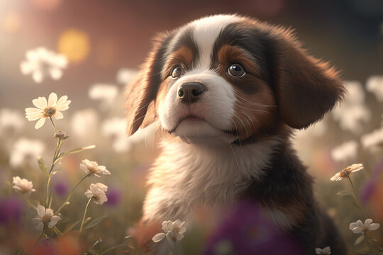 Cute saint bernard puppy portrait on a blooming background and natural light. High detailed illustration generated by AI. 