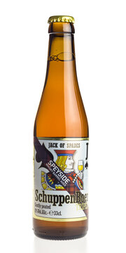 Bottle of belgian Schuppenboer Tripel beer isolated on white