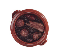 Brazilian meal feijoada food in clay pot - PNG file in top view