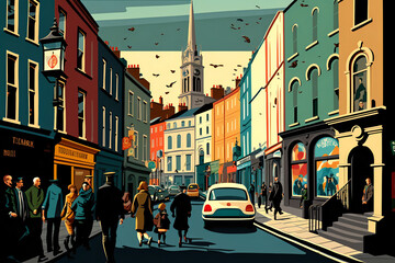 Fototapeta premium A vibrant illustration capturing the unique history and culture of Dublin, featuring iconic landmarks and bustling streets. generative ai