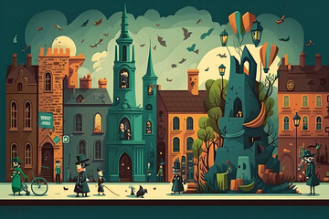 Naklejka premium A vibrant illustration capturing the unique history and culture of Dublin, featuring iconic landmarks and bustling streets. generative ai