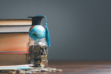 Graduation cap with Earth globe. Concept of global business study, abroad educational, Back to...