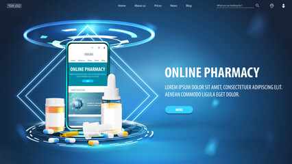 Online pharmacy, banner with hologram of podium with smartphone and medications in blue scene with neon rhombus frames and hologram of digital rings